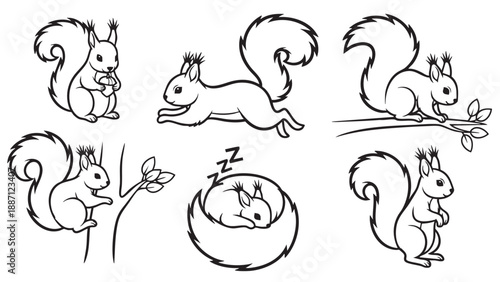 Cute cartoon squirrel performing various playful and resting activities