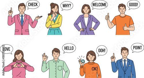 People communication gesture set. Men and women expressing emotions with speech bubbles. Hello, welcome, love and approval signs. Flat vector illustration.