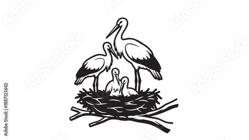 Family of three stylized herons standing on interwoven nest branches