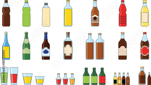 Beverage bottle and glass collection. Soft drinks, juice, soda and alcohol containers. Colorful drink packaging set. Flat vector illustration.