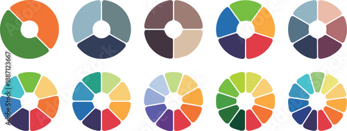 Circular infographic chart elements set. Colorful donut and pie style diagrams. Editable vector graphics for data visualization, dashboards, and business presentations.
