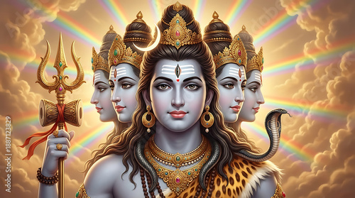 five headed lord shiva showing his panchamukhi form with a rainbow background for maha shivaratri celebration and the various divine aspects of mahadev