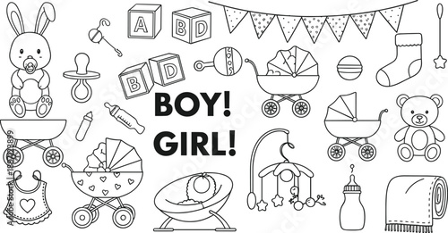 Baby shower line icons set. Boy and girl newborn items and decorations. Editable vector illustrations for nursery design, invitations, and parenting projects.