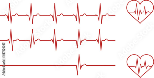 Red ECG heartbeat waveform patterns with cardiogram heart icons, symbolizing cardiac rhythm, health monitoring, medical diagnostics and modern healthcare technology  clinical and medical design