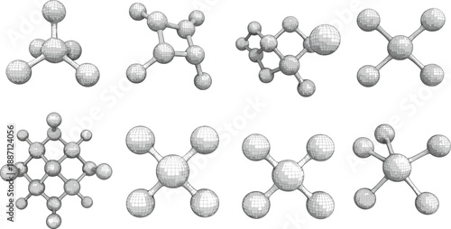 Molecular structure illustration set. 3D chemistry and science connection models. Editable vector graphics for education, medical, research, and technology design projects.