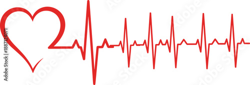 Red heart icon with ECG heartbeat waveform graphic symbolizing heart health, cardiac rhythm, medical diagnostics, health monitoring and modern healthcare illustration for clinical and medical design