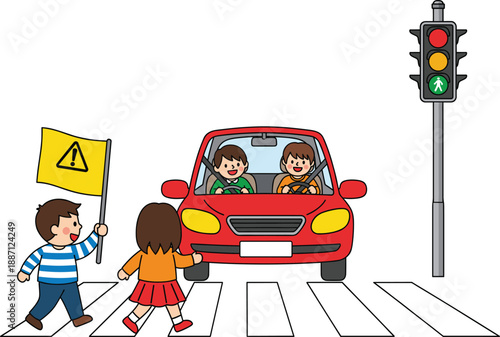 Kids crossing road with safety flag. Car stopping at pedestrian crossing under traffic signal. Road safety education concept. Cute flat vector illustration.