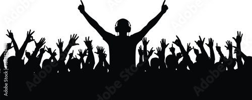 Silhouette of DJ performing for excited crowd with raised hands at music festival concert, symbolizing celebration, nightlife, entertainment, party atmosphere and energetic audience participation
