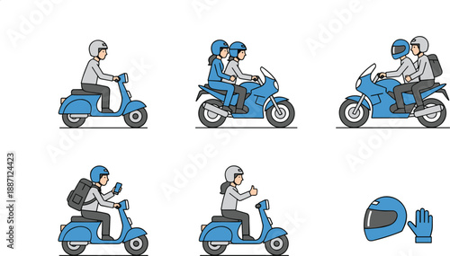 Motorcycle and Scooter Riders Illustration Set Featuring Delivery and Travel Scenes