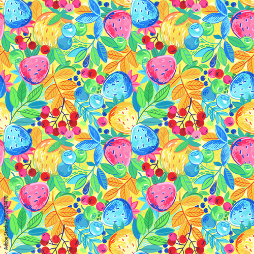 Seamless colorful fruit and berry pattern with hand drawn apples blueberries, red rowan and leaves, playful summer illustration for textile packaging wallpaper and decor