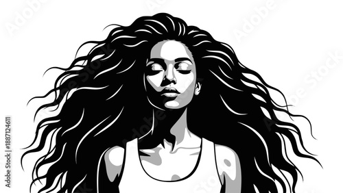 Serene African American woman with eyes closed and curly hair: Design for wellness apps, skincare branding, and social media avatars. Transparent background SVG version.