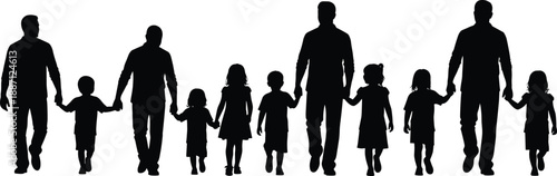 Silhouette of multiple adults and children holding hands while walking together in unity, symbolizing family bonding, parenthood, childcare, community and supportive family lifestyle