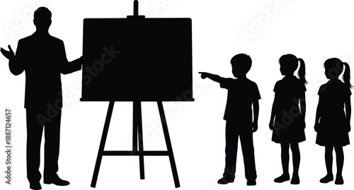 Silhouette of teacher presenting blank board to group of children as student points at display during outdoor educational learning activity and instruction session
