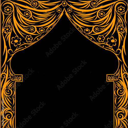 A decorative frame with a black background resembling a gate with elegant orange floral motifs