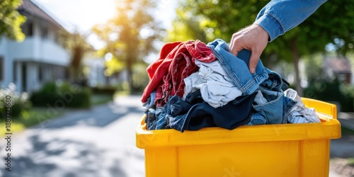Colorful clothes being recycled in a sunny neighborhood setting