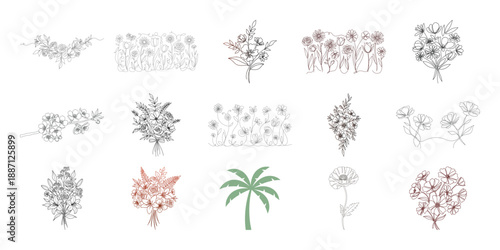 Collection of various illustrative silhouette designs and a palm tree