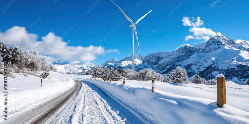 Fototapeta premium Clean energy shines bright in winter wonderland among snowy mountains