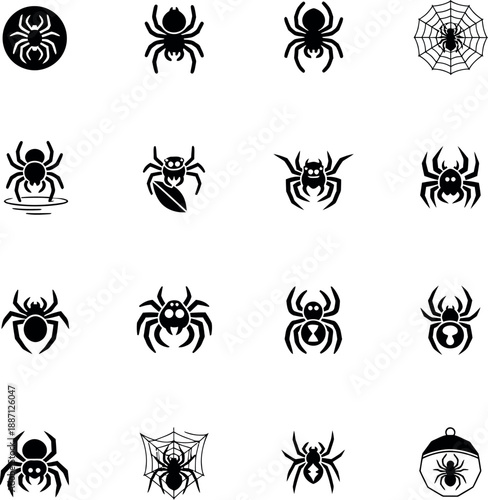 Set of 16 Minimalist Spider Species Icons, Flat Vector Arachnid Silhouettes Isolated on White Background