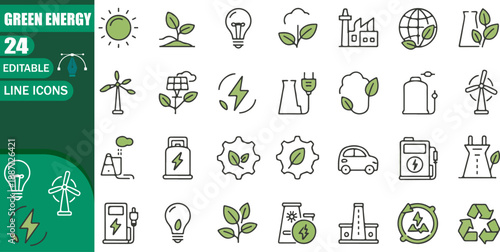 24 Green Energy Line Icons – Renewable Sustainable Power Set Vector