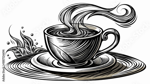 Very beautiful black ink sketch of a hot coffee cup on a saucer with flowing underline, conveying artistic motion and warmth, perfect for modern decor, prints, and creative cafe visuals.