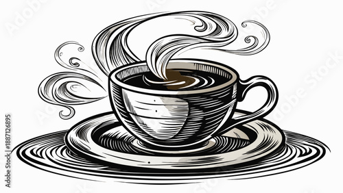 Very beautiful black ink sketch of a hot coffee cup on a saucer with flowing underline, conveying artistic motion and warmth, perfect for modern decor, prints, and creative cafe visuals.