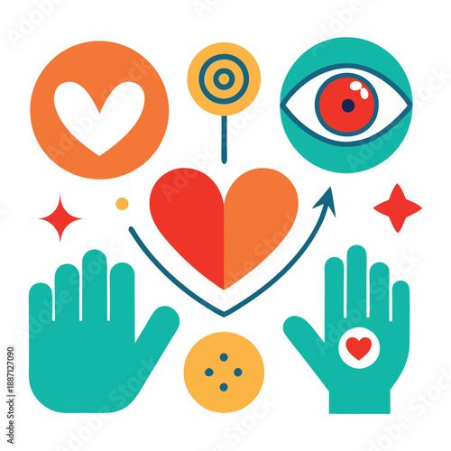 Colorful hearts and hands illustration with eye and lollipop