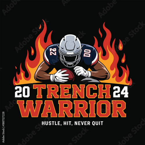Trench Warrior 2024 American Football Player with Flames IllustrationPrint