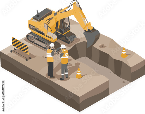 Construction site with excavator and workers on a large trench project from an aerial view