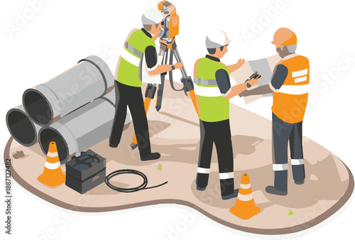 Construction workers installing large pipes on a construction site