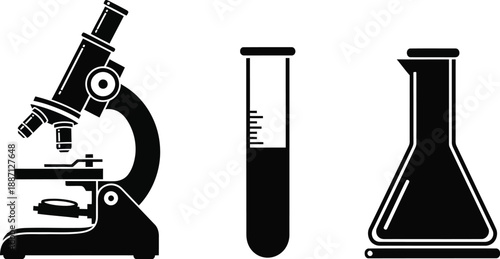Silhouette of laboratory equipment including microscope test tube and flask