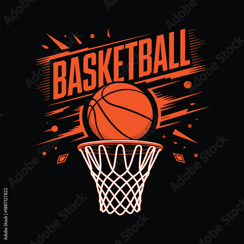 Basketball Falling into Hoop Orange and Black Sports Graphic