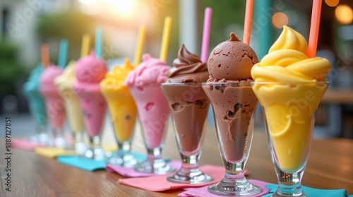 Colorful Ice Cream Sundaes in Glass Cups with Cherry
