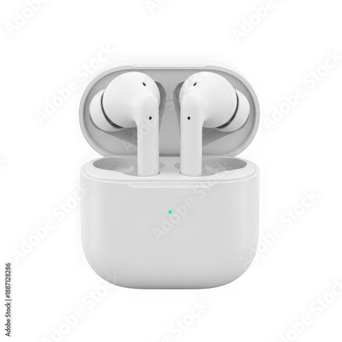 Wireless earbuds in charging case isolated on transparent background