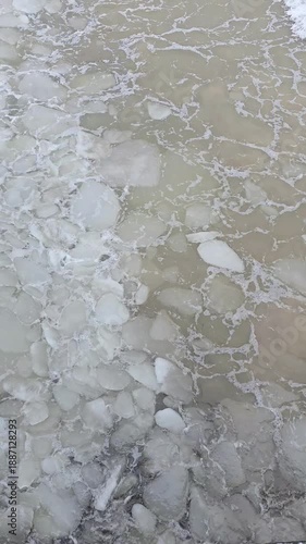 Drifting ice floes floating on the sea