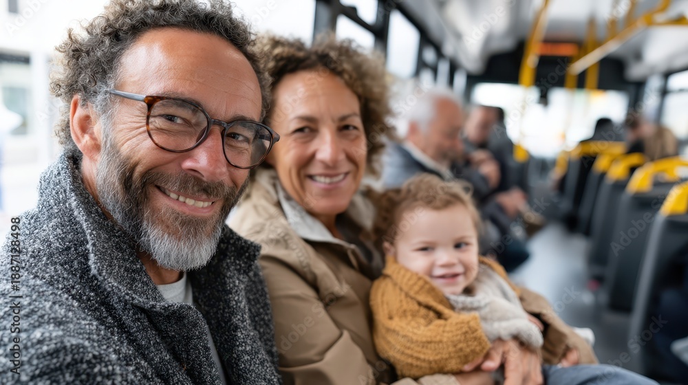 Obraz premium A cheerful family rides the bus, delighted by their sightseeing journey