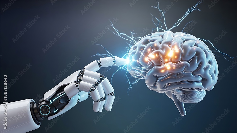 Obraz premium Neural Interface Concept of Human Brain Syncing with Artificial Intelligence Data