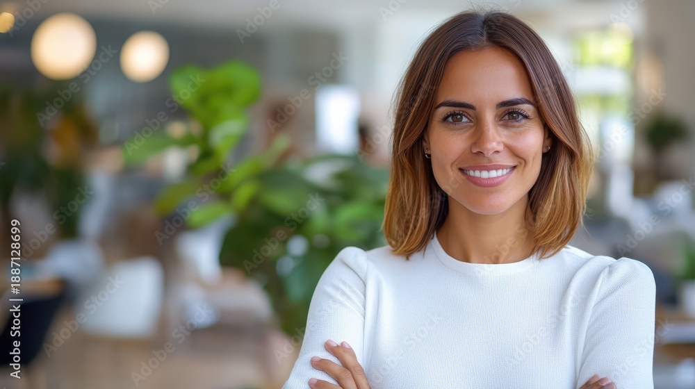 Fototapeta premium Smiling young woman exudes confidence in modern office environment