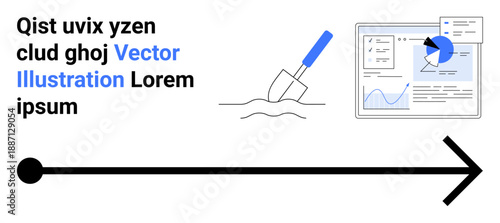 Workflow design, data research, project timeline, analytics, educational presentation, goal tracking. Line arrow, analytics chart and shovel illustration. Workflow design and data research