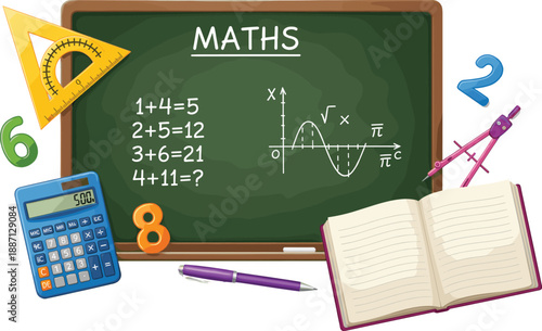 Mathematics education illustration showing chalkboard equations, calculator, geometry tools, and study materials for school learning in colorful flat vector style