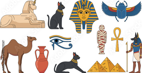 Ancient Egyptian culture illustration set featuring pharaohs, pyramids, hieroglyphs, gods, symbols, artifacts, and historical elements in flat vector style