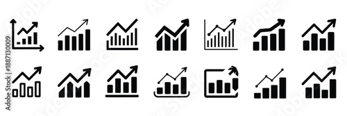 business growth chart icons set, upward arrow analytics and financial performance graph symbols for corporate reports dashboard statistics and success design.