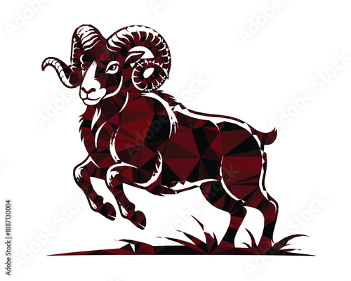 Geometric ram polygon animal illustration, powerful mountain sheep artwork with low poly style shapes for wildlife branding, zodiac symbolism, modern poster and creative design use.