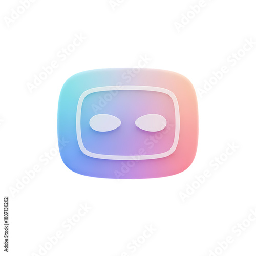 A 3D icon featuring a rounded square shape with a white outline of a smiling face on a gradient background transitioning from blue to pink on transparent background. on transparent background