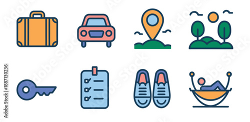 Travel colorful icon set, modern tourism and vacation symbols including luggage car location key shoes checklist hammock and nature elements for app and web design.