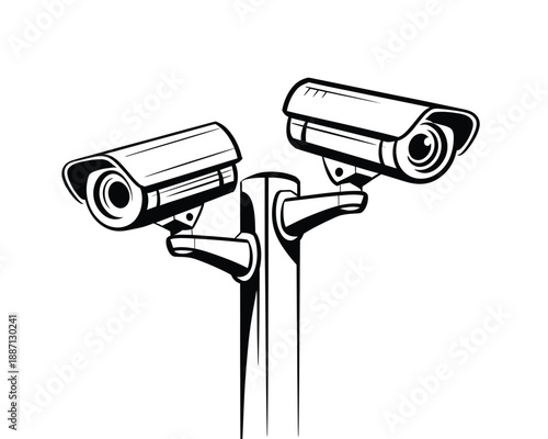Security surveillance cameras illustration, black and white CCTV monitoring system with dual cameras for safety protection control and modern security design.