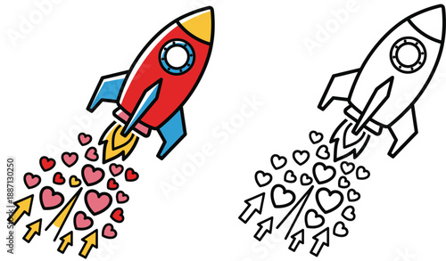 Adorable Cartoon Rocket Ship Launching with Heart Trail Love Spaceship Vector Illustration with Coloring Page Outline Kids' Valentine's Day Design