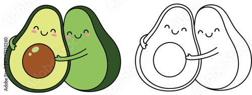 Adorable Kawaii Avocado Couple Hugging Vector Illustration of Joyful Fruits with Valentine's Day and Sticker Design Coloring Page Outline