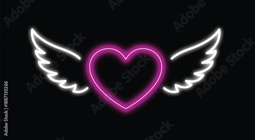 Neon heart with wings glowing light effect isolated on black background for valentine day