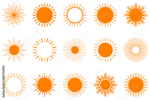 Graphic sun icon set with geometric sunburst elements illustration