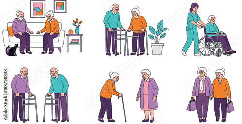 Elderly care and senior lifestyle illustration set showing companionship, mobility assistance, healthcare support, and daily activities in flat vector style